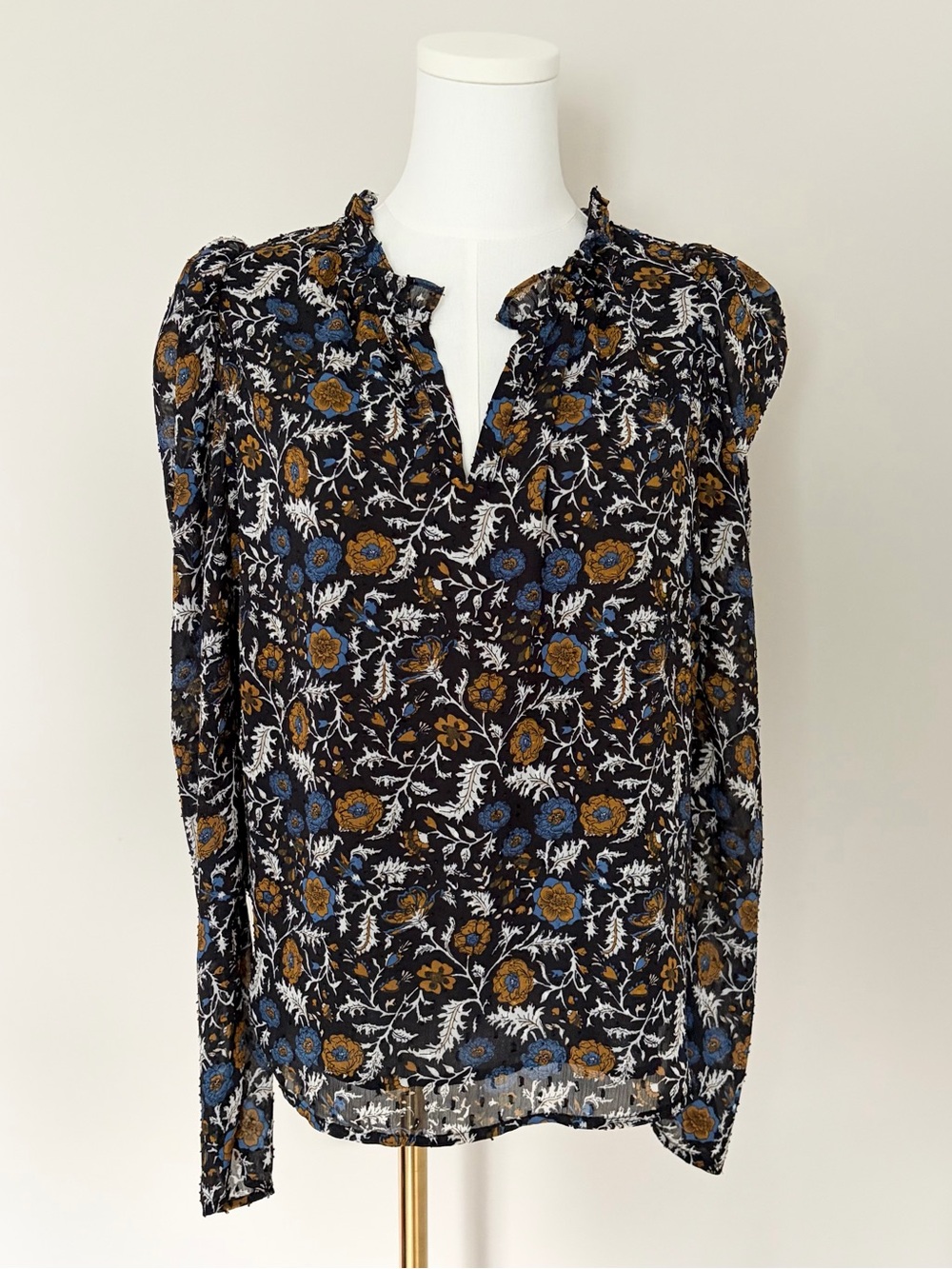 Joie Black Floral Ruffle-Neck Long Sleeve Blouse